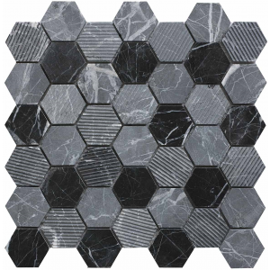 Verona Midnight Stone Hexagon Mixed Finish Marble Mosaic 305mm x 305mm